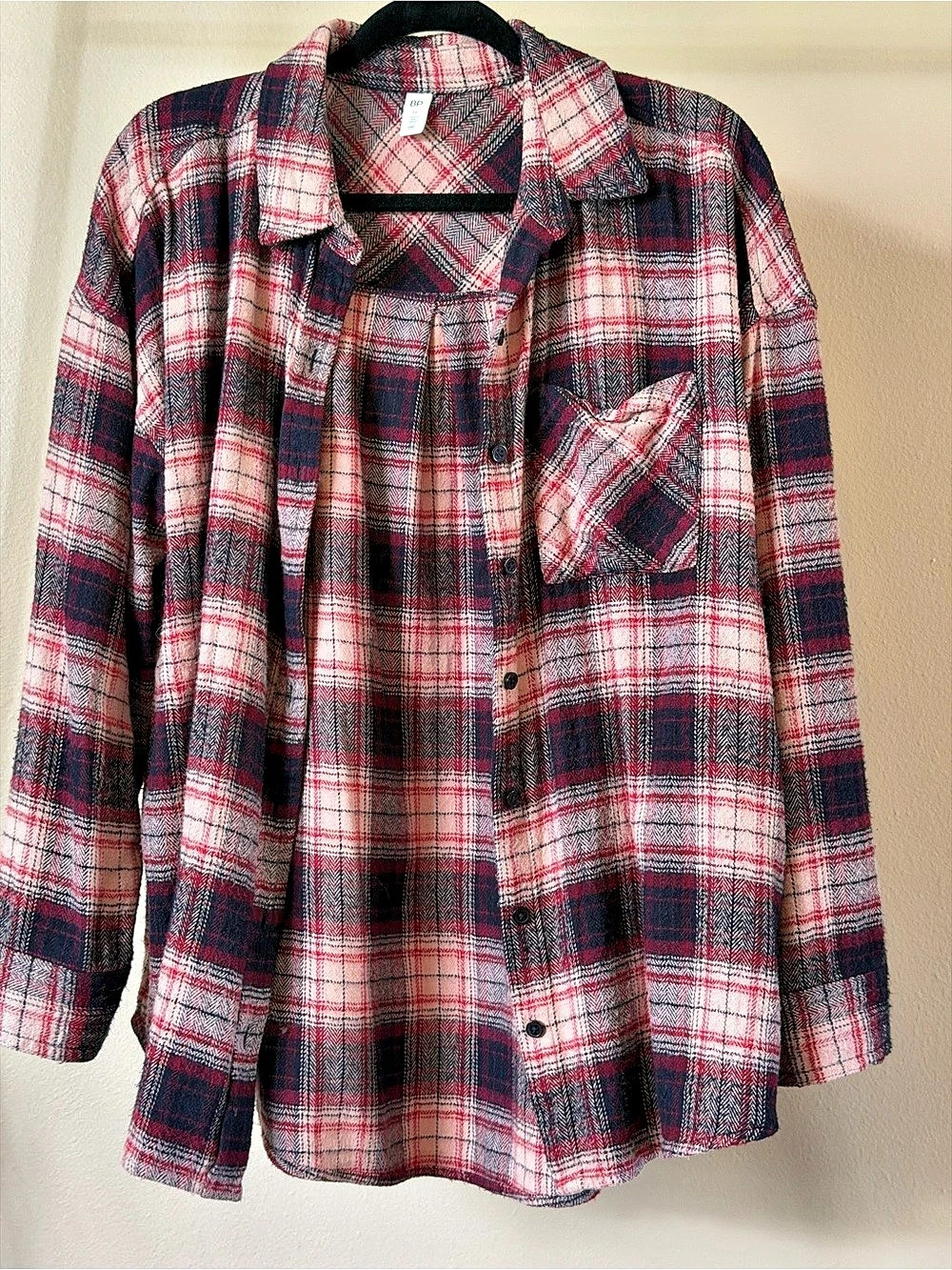 BP. Oversized Plaid Flannel Shirt. Red & White Medium